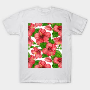 Red hibiscus watercolor pattern T-Shirt